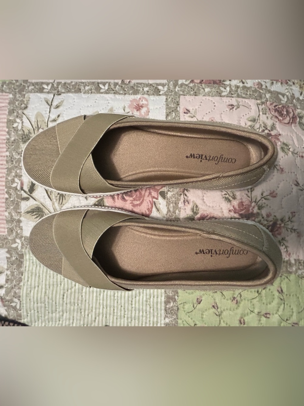 comfortview Women's Slip-On Elastic Cross-Strap Flats in Taupe